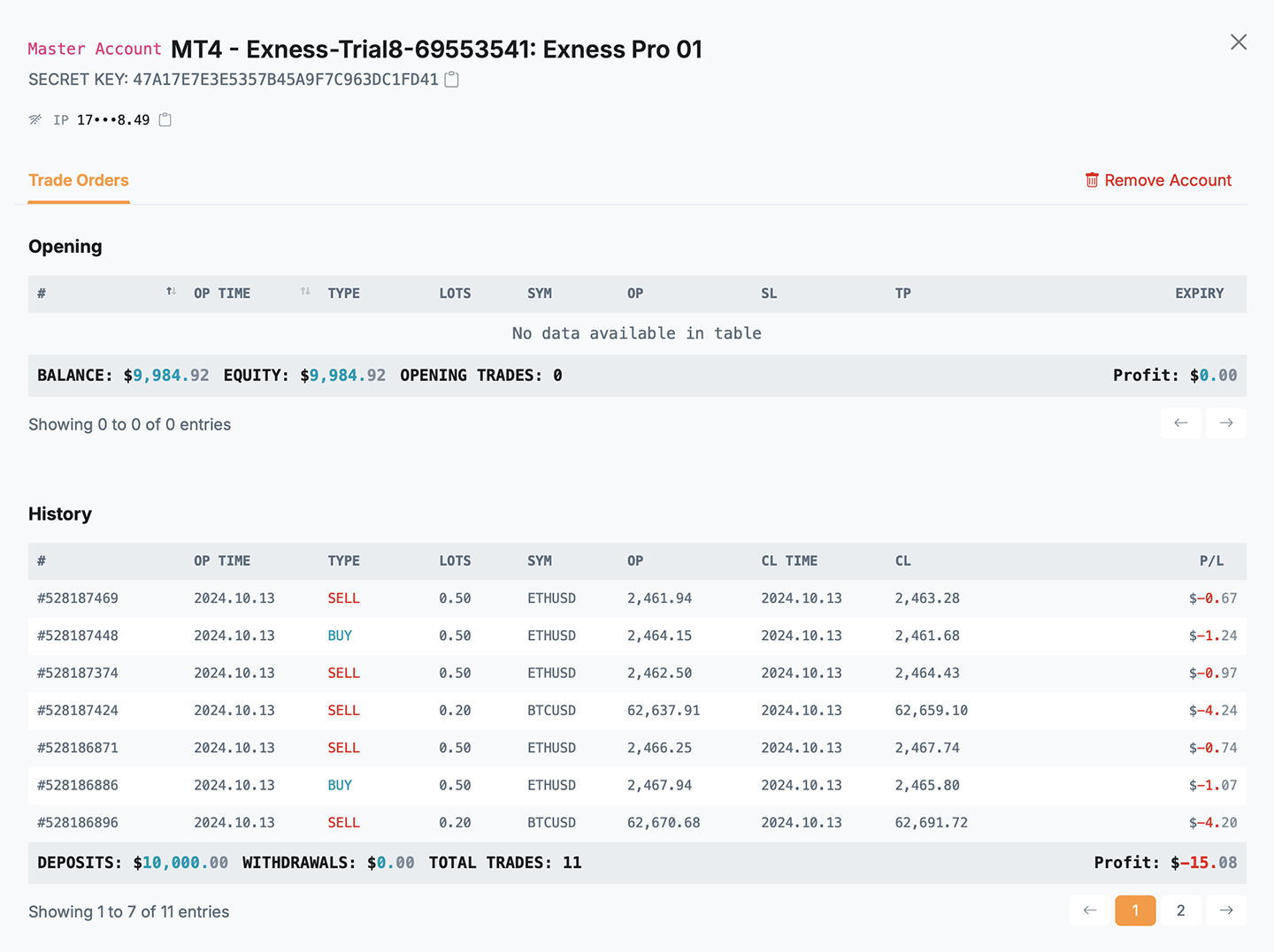 Account Trades Orders Info